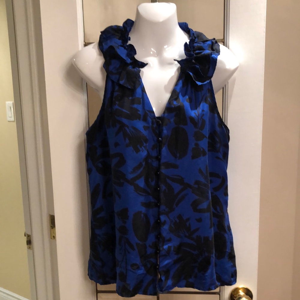Ruffled Collar Blue and Black Silk Sleeveless Top